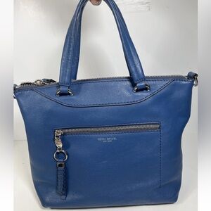 Henri bendel blue leather tote bag with braided zipper pull silver tone hardware